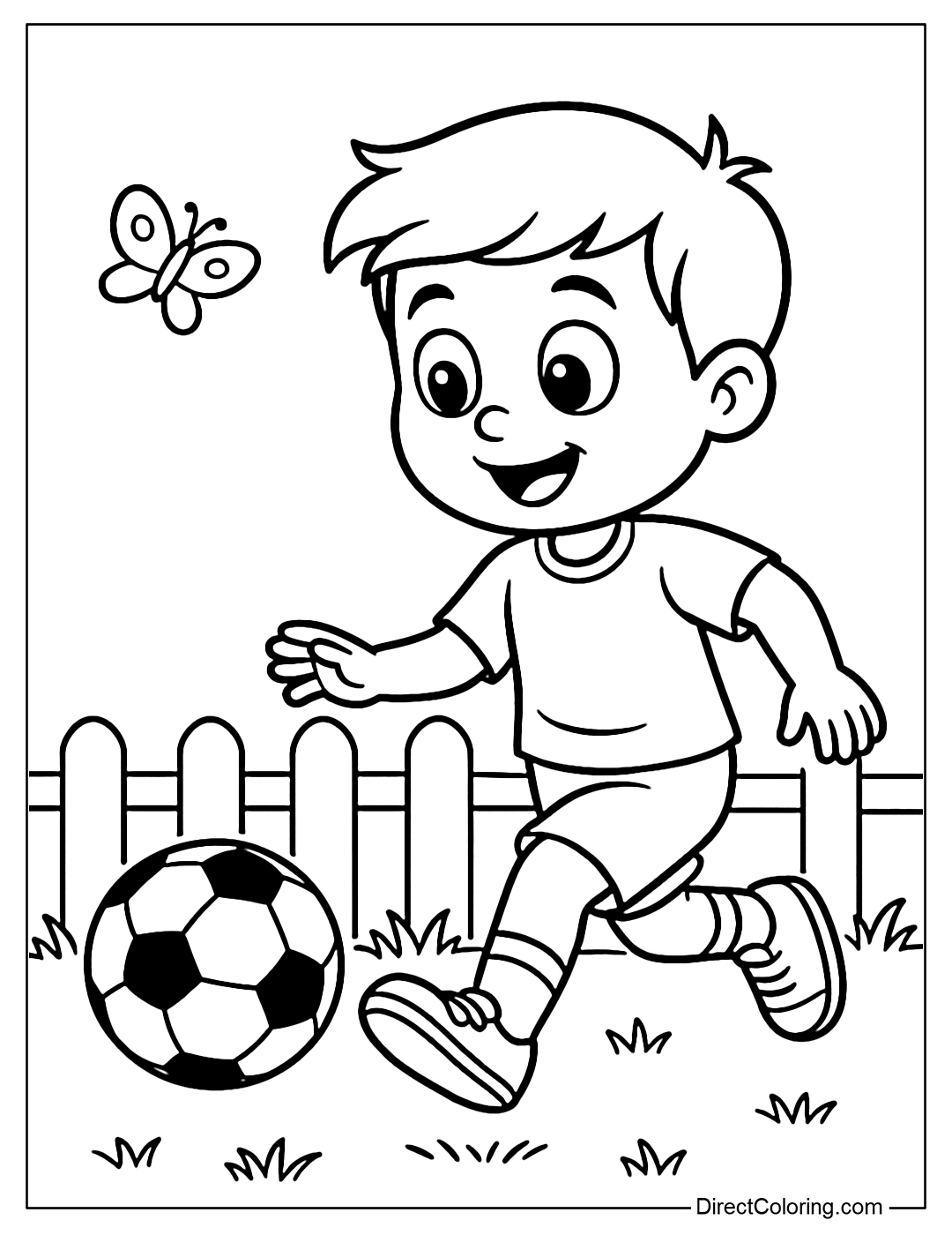Coloring page of a child kicking a ball in a small grass field, with a fence and butterflies flying.